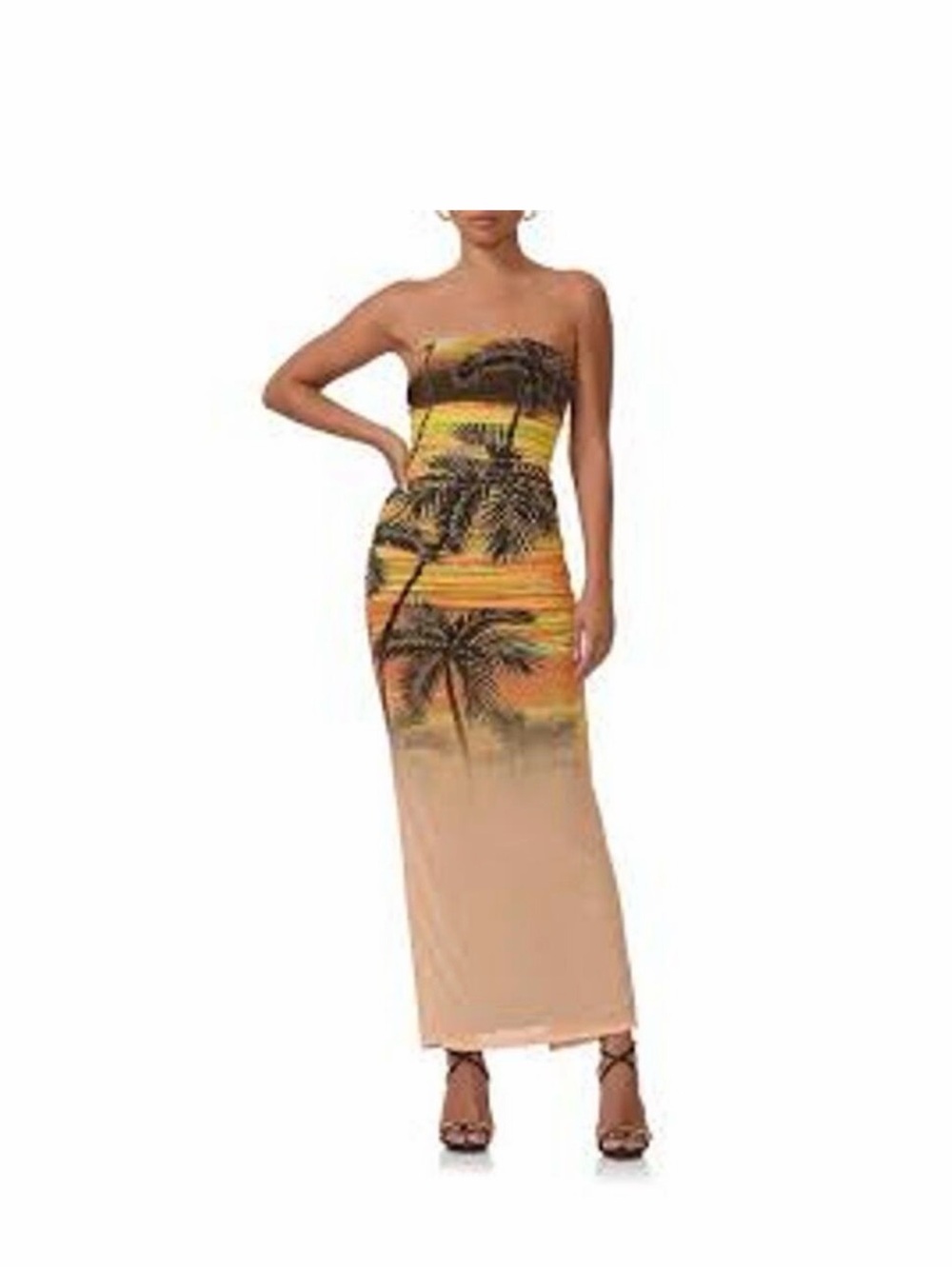 AFRM Strapless Tropical Maxi Dress in Orange, Yellow and Brown